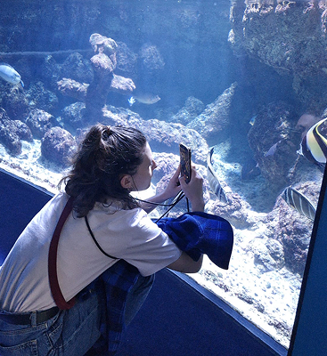 Consultante marketing observant un aquarium, inspirée par la stratégie de gamification.